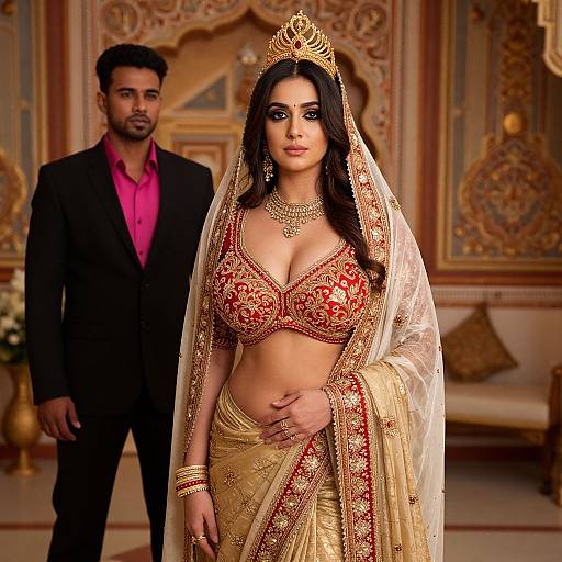 Photograph of a beautiful South Asian bride in a red and gold traditional lehenga with a veil, large gold jewelry, and a handsome groom in a