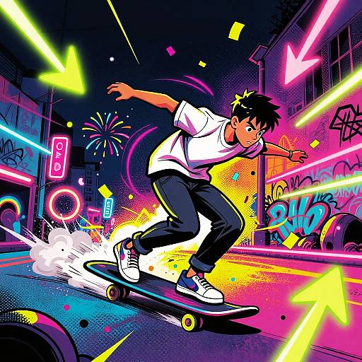 Vibrant digital illustration of a teenage boy with spiky black hair, wearing a white t-shirt and black pants, skateboarding through a neon-l