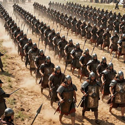 Photograph of a large army of armored warriors in metal helmets and chainmail marching in formation on dusty, sunlit ground.