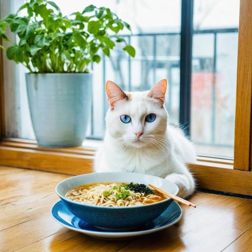 Calico Cat Enjoying Ramen Soup