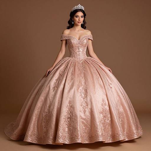 Photograph of a dark-haired woman in an off-shoulder, pink, floral-embroidered ball gown with a full skirt, wearing a