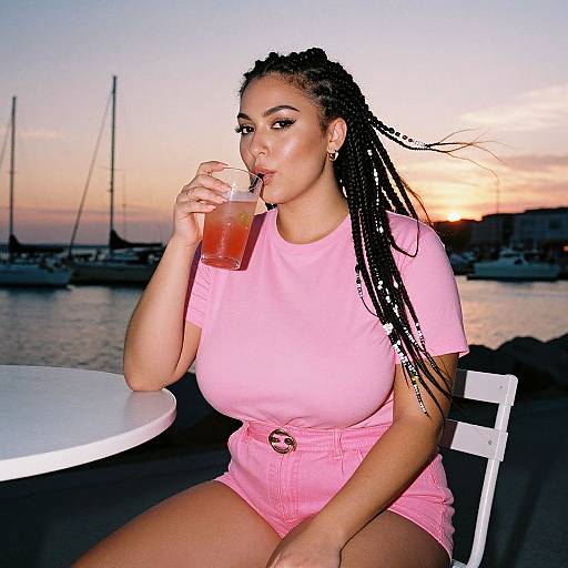 Photograph of a curvy Black woman with long braids, pink shirt, and shorts, sipping a drink at sunset by a marina.