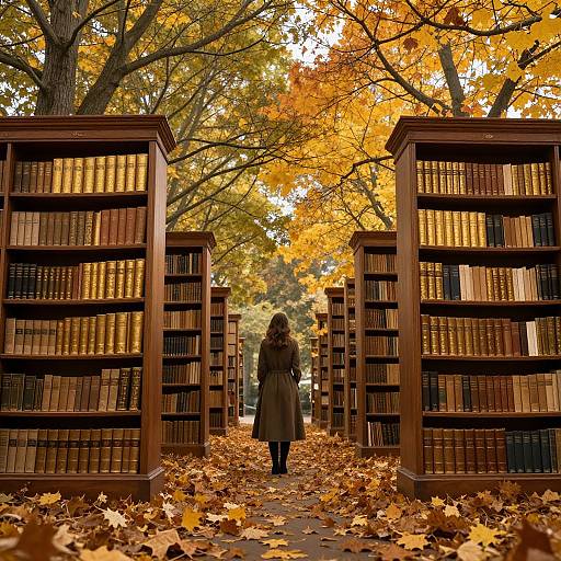 Photograph of a woman in a long green coat walking down a leaf-covered library aisle between two tall wooden bookshelves, surrounded by vibrant autumn trees