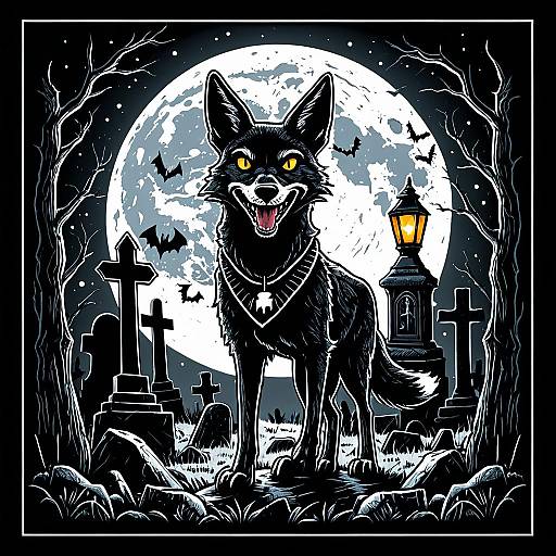 Black Coyote in Moonlit Graveyard