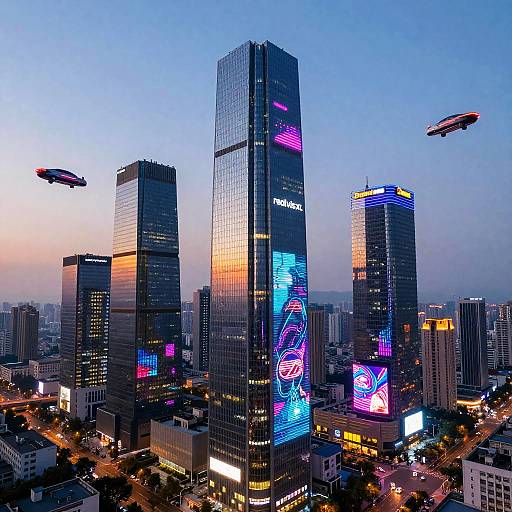 Photograph of a futuristic cityscape at dusk, featuring illuminated skyscrapers with neon lights, two flying cars in the sky, and bustling streets below