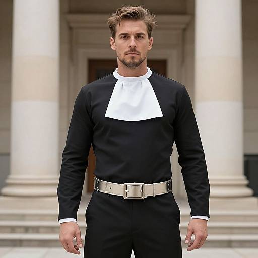 Photograph of a handsome, bearded man in a black, high-collared suit with a white bib and silver belt, standing in front of