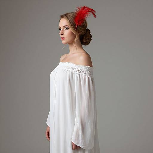 Photograph of a fair-skinned woman with brown hair in an updo, wearing a white off-shoulder dress and red feathered headpiece