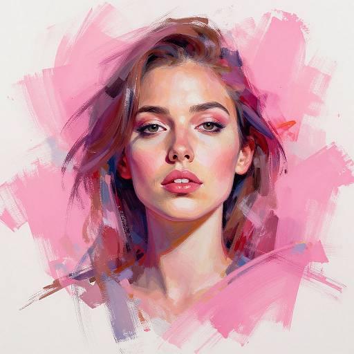 Digital portrait of a young woman with light brown hair, pinkish lips, and soft pink and purple brushstroke background. Realistic yet painterly style