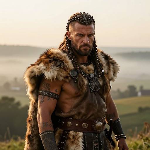 Photograph of a muscular, tattooed man with braided hair, wearing a fur cape, leather armbands, and belt, standing in a mist