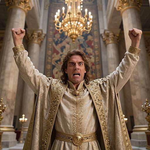 Photograph of a curly-haired man with fair skin, wearing an ornate golden robe, raising fists in an opulent, candlelit church.