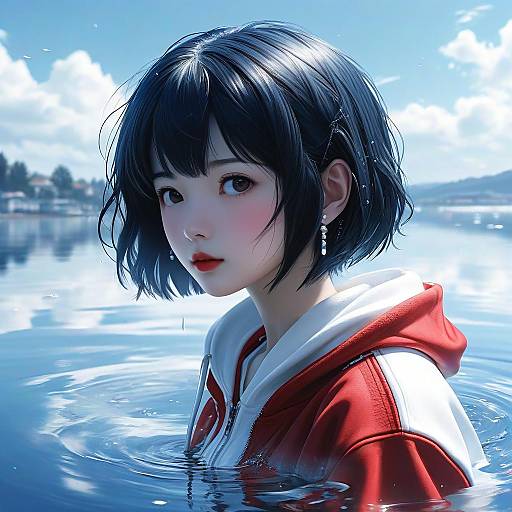 Digital art: Asian girl with short black hair, wearing red and white hoodie, standing in clear blue lake, sunlight reflecting on water.
