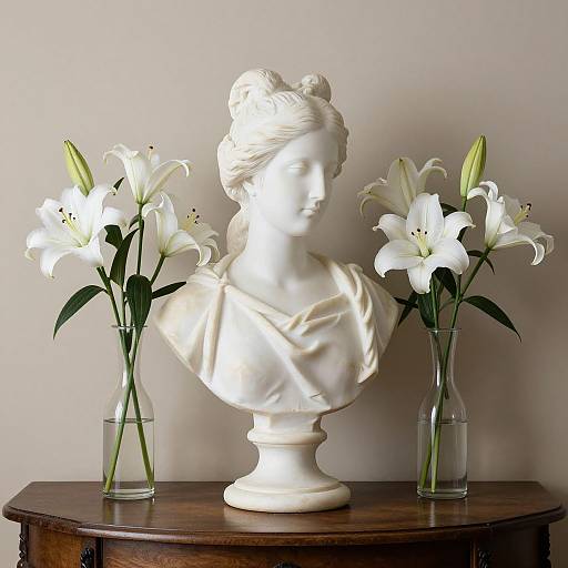Photograph of a white marble bust of a woman with an elegant updo, flanked by two vases with white lilies, on a wooden