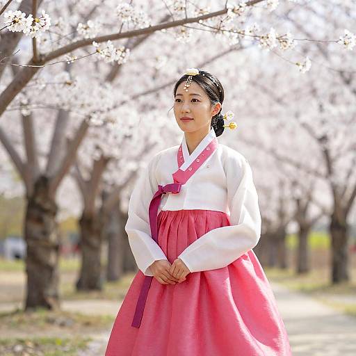 Photograph of an Asian woman with black hair in a traditional Korean hanbok, white top, and pink skirt, standing in a cherry blossom tree