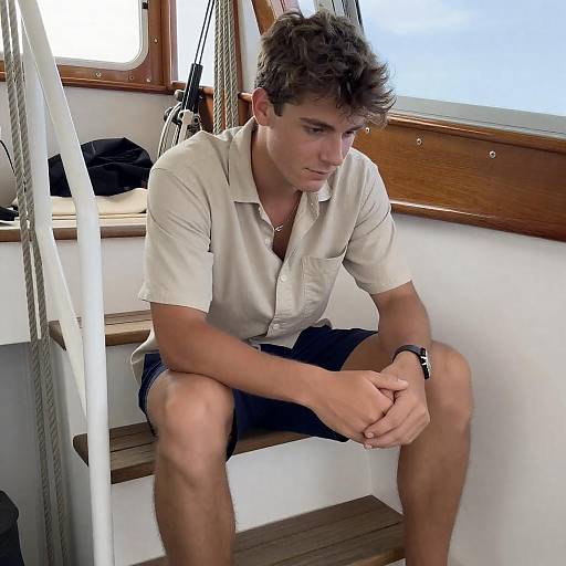 Relaxed Young Man on Boat Stairs