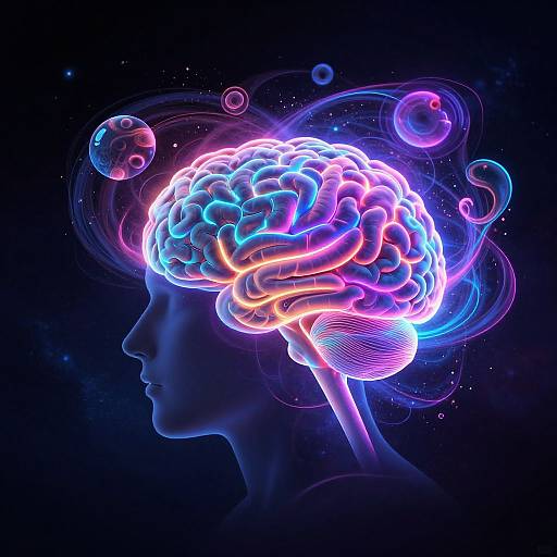 Neon-lit silhouette of a human head with vibrant blue, pink, and purple brain waves and floating cosmic spheres against a dark background. Digital art