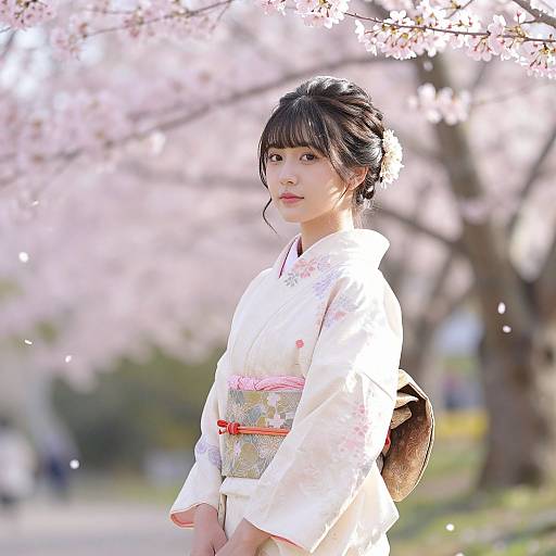 Photograph of a young Asian woman in a white kimono with pink accents, standing under blooming cherry blossoms, sunlight filtering through petals.