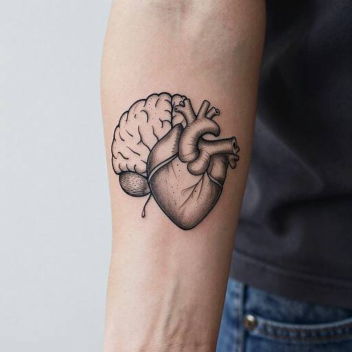 Black ink tattoo of a detailed human brain and heart on a person's forearm, with visible arm veins and denim jeans.