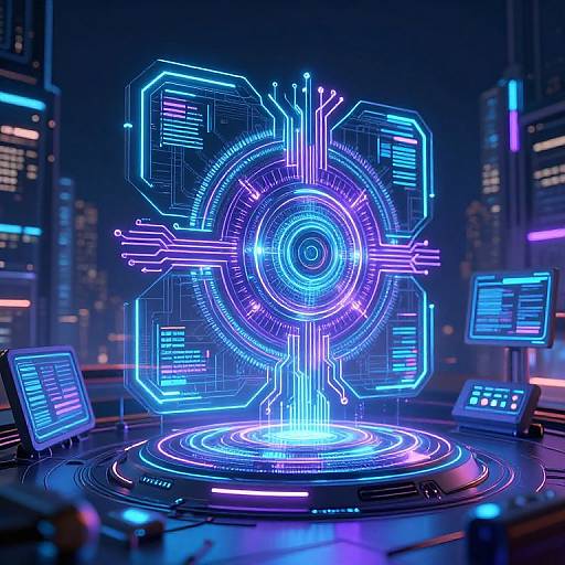 Neon-lit digital hologram of a glowing, circular interface with blue and purple lines, surrounded by futuristic cityscape and floating screens. Cyberpunk