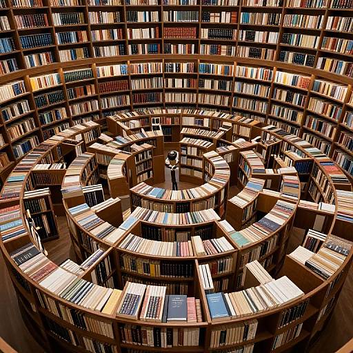 Photograph of a circular, multi-tiered library with wooden shelves filled with colorful books, viewed from above, featuring a single person standing in the center