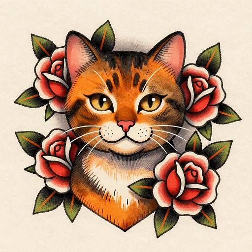 Neo Traditional Cat with Roses