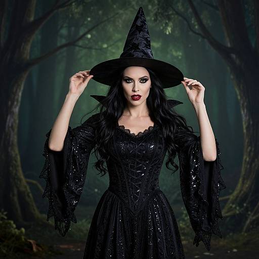 Photograph of a pale-skinned woman with long black hair, wearing a black sequined witch dress and pointy hat, holding the hat's br