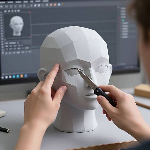 Photograph of hands sculpting a white, polygonal 3D head model with a digital screen in the background showing a software interface.