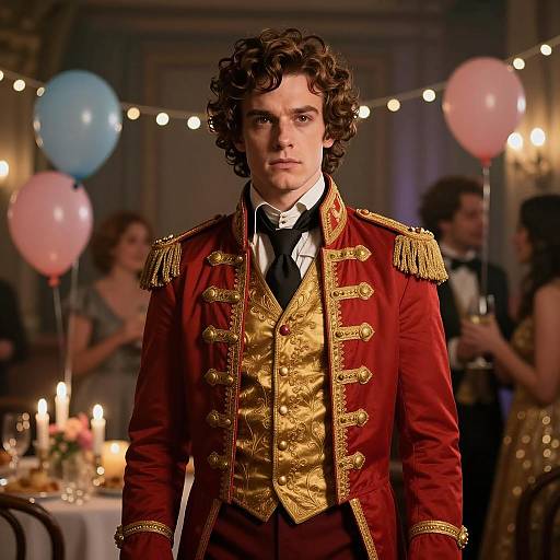 Young Man in Ornate Period Costume at Party