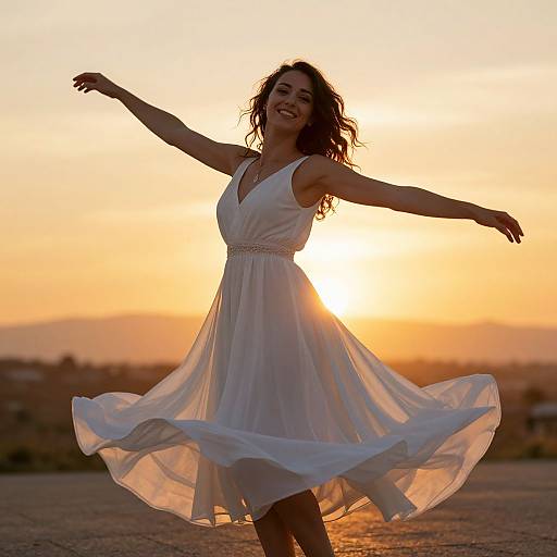 Photograph of a smiling woman in a flowing white dress, arms outstretched, against a golden sunset, her dress billowing in the breeze.
