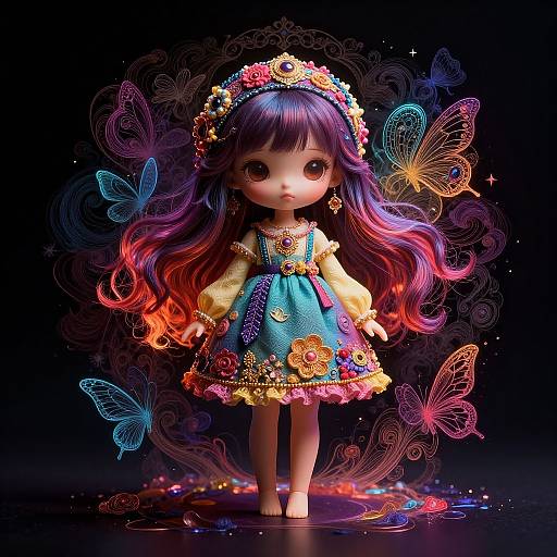 Digital art of a cute doll with long purple and pink hair, wearing a colorful floral dress, flower crown, and surrounded by glowing butterflies.