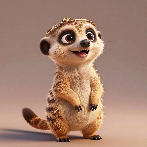 CGI image of a cute, anthropomorphic meerkat with large eyes, brown and white fur, standing upright, smiling, wearing a gold head