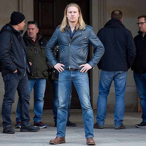 Blonde Man in Blue Leather Jacket