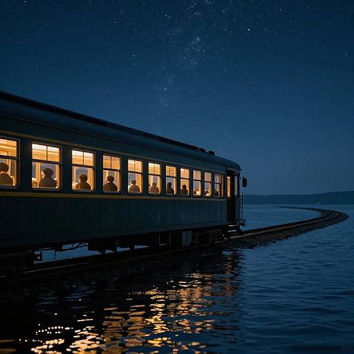 Photograph of a nighttime train on a bridge over a calm, starry lake, illuminated windows showing passengers inside.