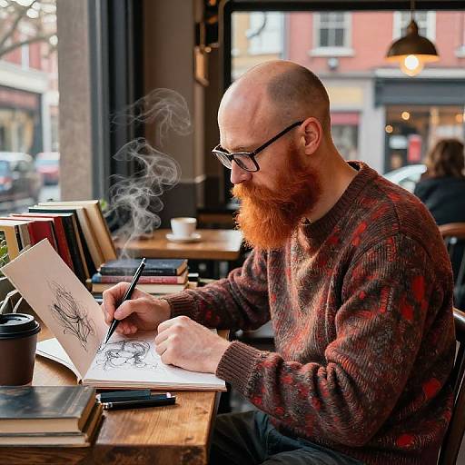 Photograph of a bald, bearded man with glasses, wearing a red-patterned sweater, drawing with a smoldering pencil in a cozy café