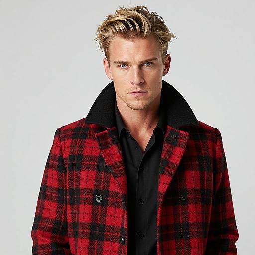 Handsome Blonde Man in Plaid Overcoat