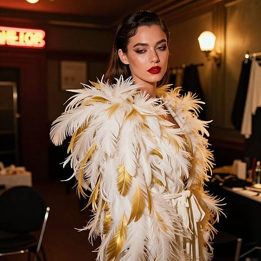 Photograph of a poised woman with dark hair, red lipstick, wearing a white and gold feathered coat in a dimly lit, elegant room with