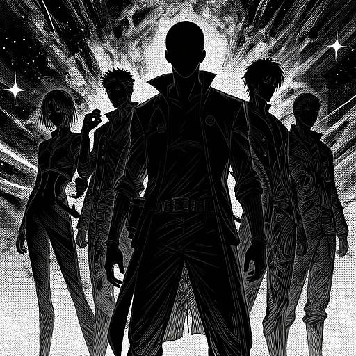 Black-and-white manga-style drawing of six shadowed, silhouetted figures with dynamic background bursts, standing in a powerful, radiant formation.
