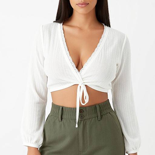 Photograph of a woman with long black hair, wearing a white, knotted, deep V-neck blouse and olive green high-waisted pants.