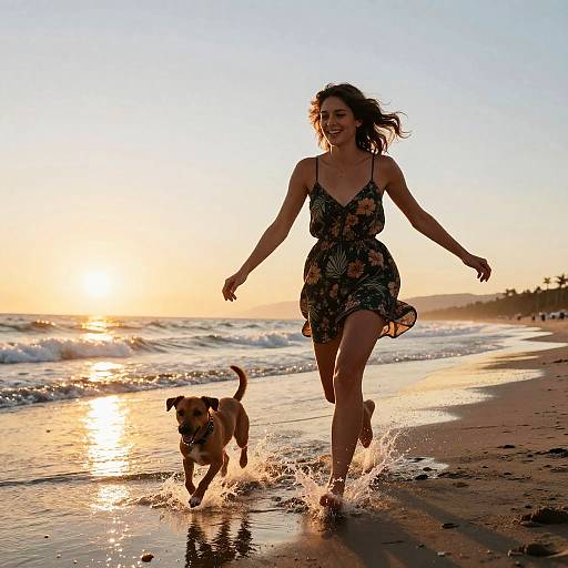 Photograph of a smiling woman in a floral dress and brown dog running joyfully on a sunlit beach at sunset.