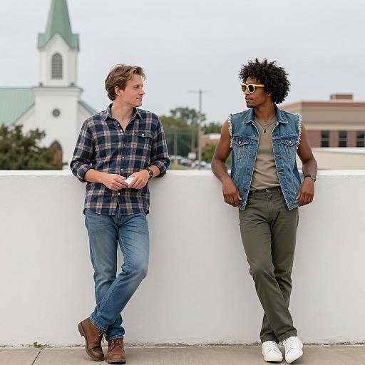 Two Men Leaning on Wall Outdoors
