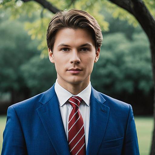 Young Man in Blue Suit with Red Tie Outdoors