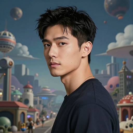 Photograph-style CGI of an Asian man with short black hair, wearing a black shirt, in a colorful, futuristic cityscape with floating buildings and planets