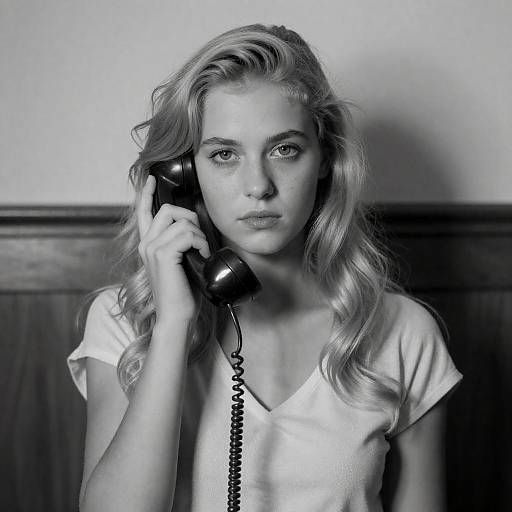Black and White Portrait of Woman on Vintage Phone