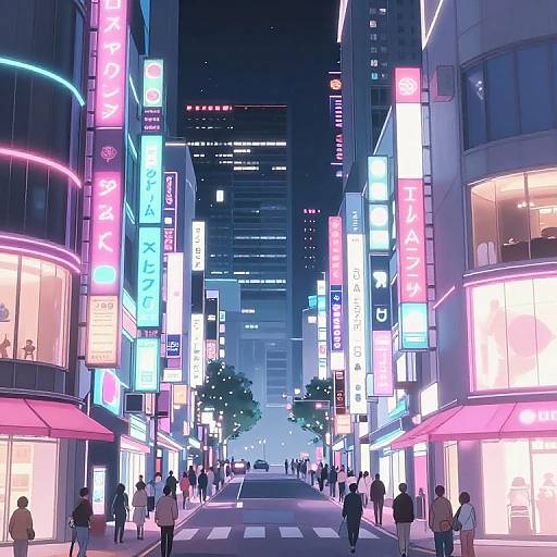 Digital anime-style illustration of a neon-lit, bustling city street at night. Bright pink, blue, and purple signs illuminate tall buildings. Pedest