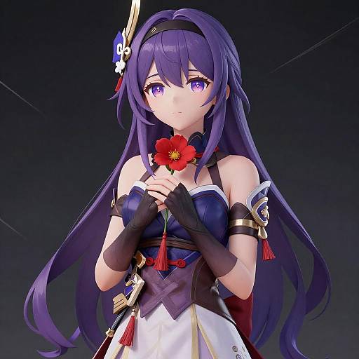 Anime Girl with Purple Hair and Red Flower