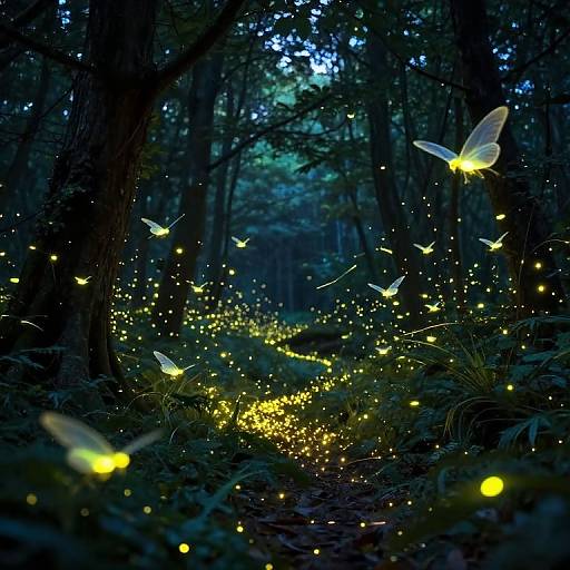 Photograph of a magical forest at night, illuminated by glowing fireflies and translucent butterflies, creating a luminous, enchanted pathway.