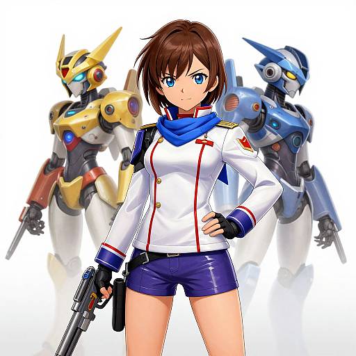 Anime-style digital artwork of a confident, brown-haired girl in a white jacket, blue scarf, and shorts, holding a gun, flanked by two