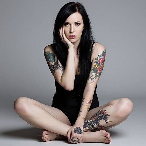 Tattooed Woman Sitting on Gray Background