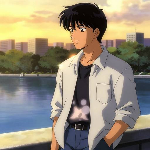 Anime-style drawing of a young man with black hair and blue eyes, wearing a white shirt and black t-shirt, standing by a lake at sunset with