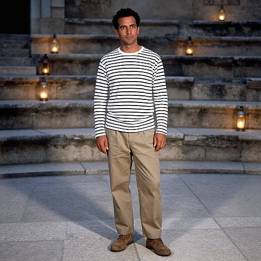Photograph of a man with short dark hair, glasses, wearing a white and black striped shirt, beige pants, and brown shoes, standing on stone