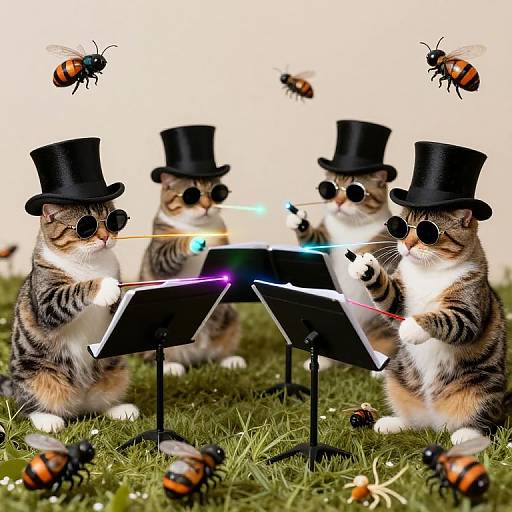 Photograph of four tabby cats in black top hats and round sunglasses, playing music sheets with glowing lights, surrounded by buzzing bees on green grass.